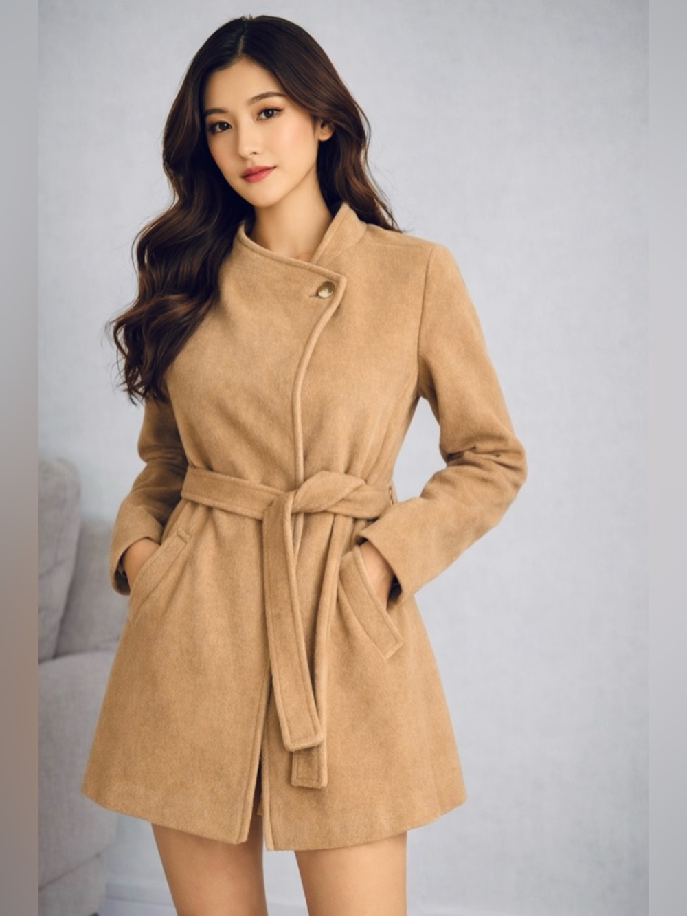 Camel Hair Wool Tan Wrap Coat Belted Women’s Winter Coat Soft Warm Classic